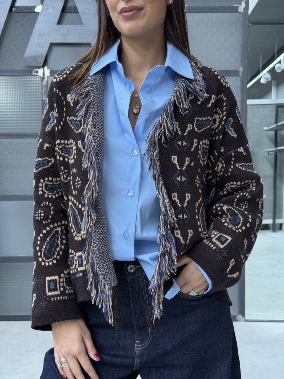 Cardigan jacquard con frange 27079 - immagine 2
