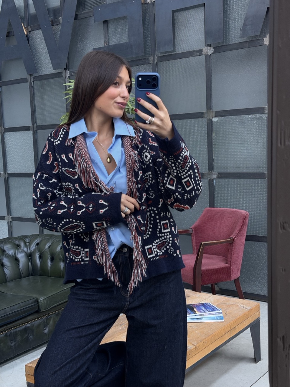 Cardigan jacquard con frange 27079